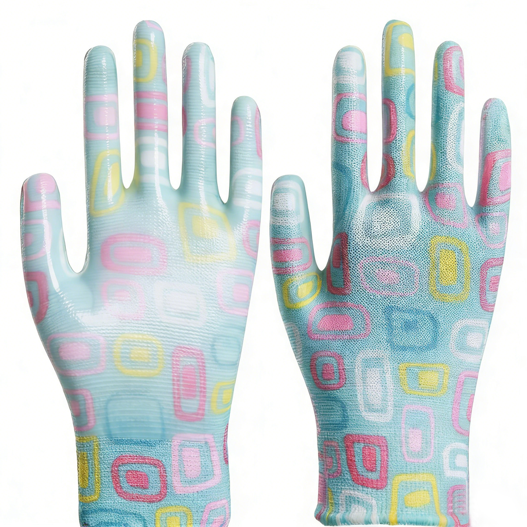 13G Flower Print Polyester PU Palm Coated Gloves